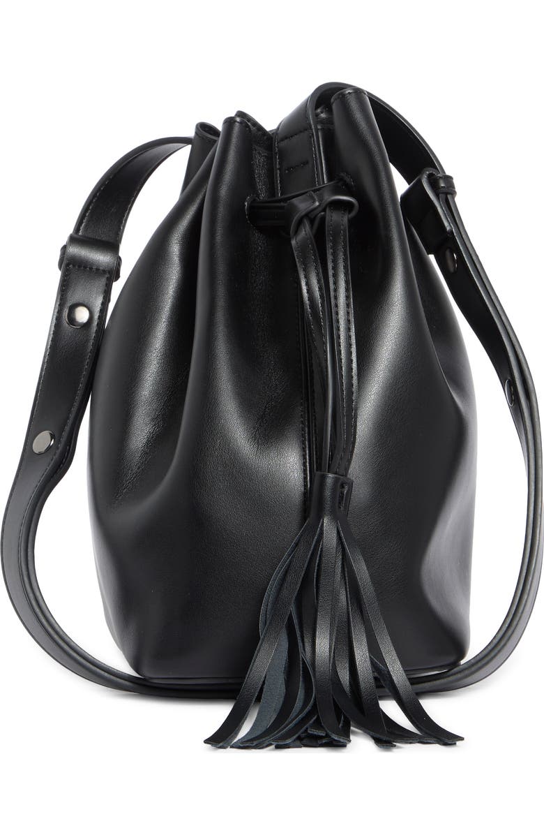 BCBG Tasseled Faux Leather Bucket Bag, Alternate, color, Black