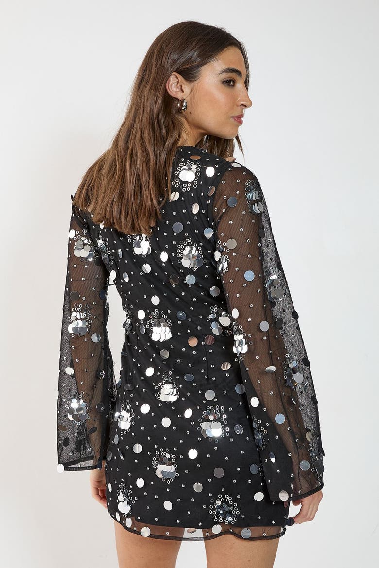 Lace Up Fluted Sleeve Mini Dress, Alternate, color, Black
