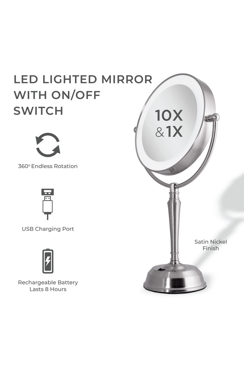 Makeup Mirror with Light and 10X/1X Magnifications and USB Charging Port, Alternate, color, Satin Nickel