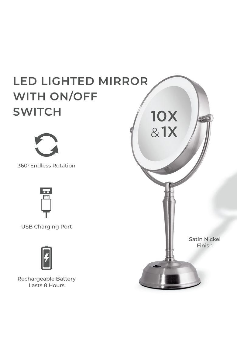 Zadro Makeup Mirror with Light and 10X/1X Magnifications and USB Charging Port, Alternate, color, Satin Nickel