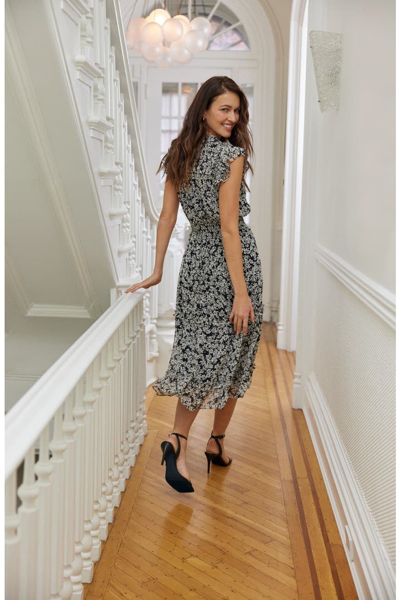 Floral Flutter Sleeve Smocked Midi Dress, Alternate, color, RICH BLACK