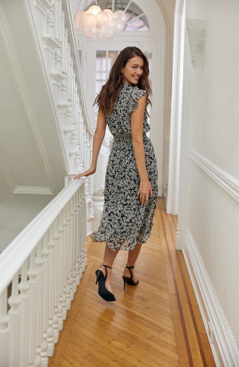 CeCe Floral Flutter Sleeve Smocked Midi Dress, Alternate, color, Rich Black