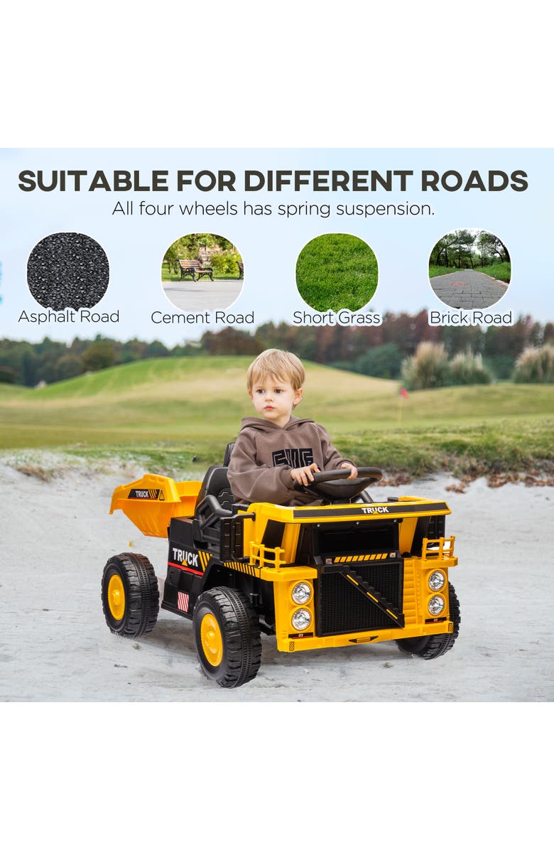 Qaba 12V Kids Ride on Dump Truck w/ Electric Dump Bed, Shovel, Alternate, color, Yellow