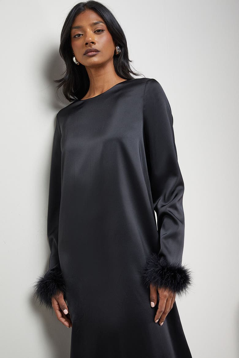 Feather High Neck Swing Midi Dress, Alternate, color, Black
