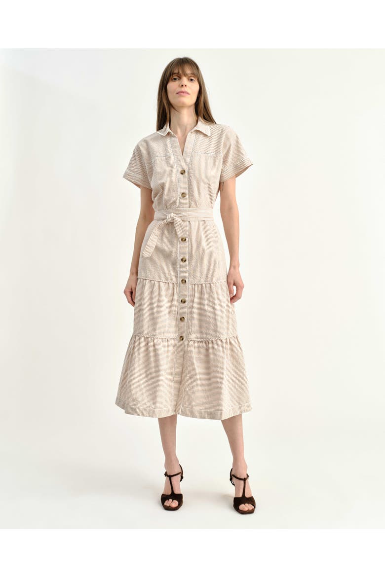 Adriana Seersucker Midi Shirtdress, Main, color, Camel Stripe