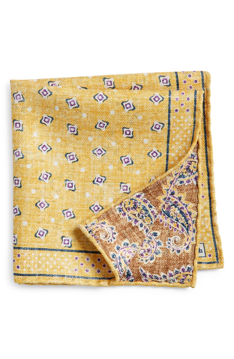 EDWARD ARMAH Dot & Paisley Reversible Silk Pocket Square, Main, color, Yellow