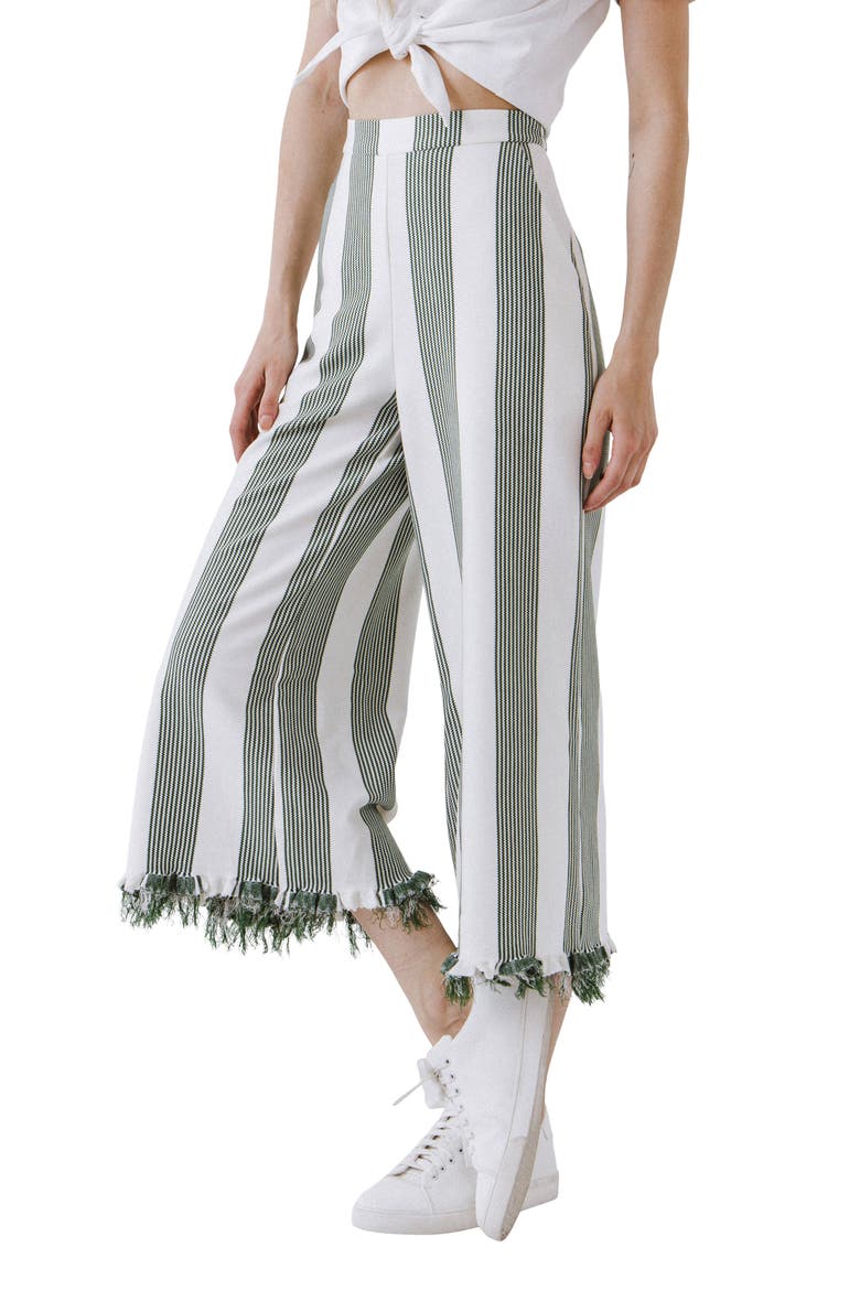 Stripe Fringe Hem Wide Leg Crop Pants, Alternate, color, GREEN