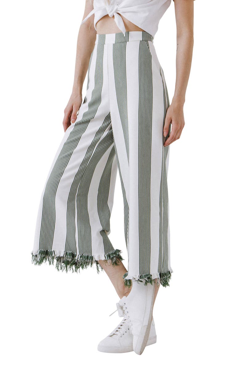 English Factory Stripe Fringe Hem Wide Leg Crop Pants, Alternate, color,