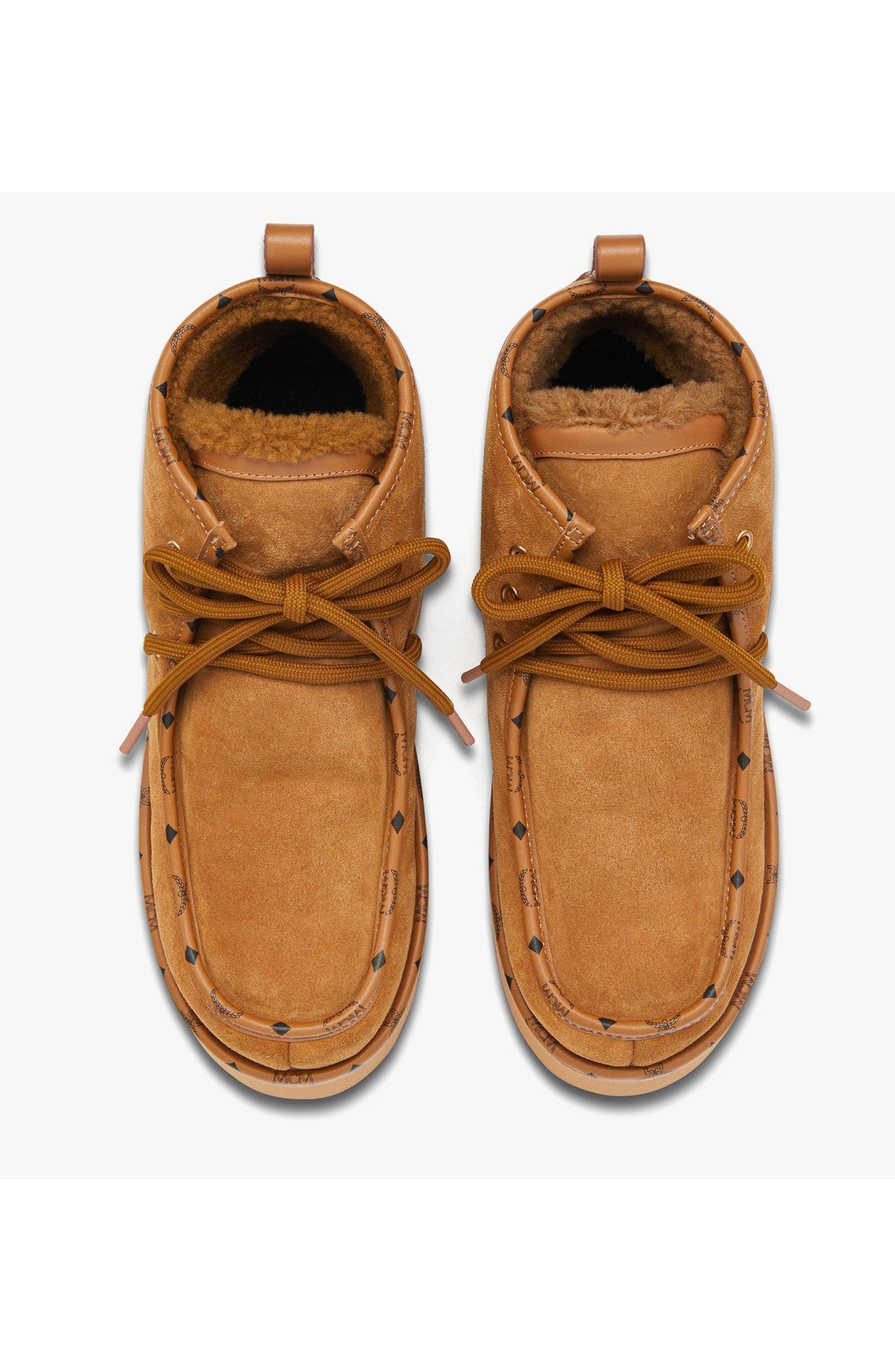 MCM Women
s Platform Boots in Calfskin Suede Leather, Alternate, color, Cognac