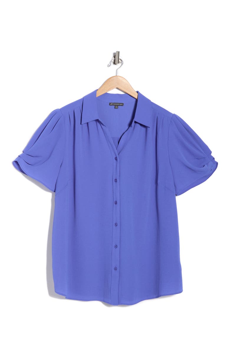 Gathered Short Sleeve Button-Up Shirt, Alternate, color, DUSTY COBALT