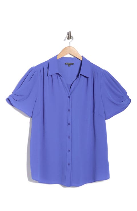 Gathered Short Sleeve Button-Up Shirt (Plus)