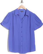 Adrianna Papell Gathered Short Sleeve Button-Up Shirt