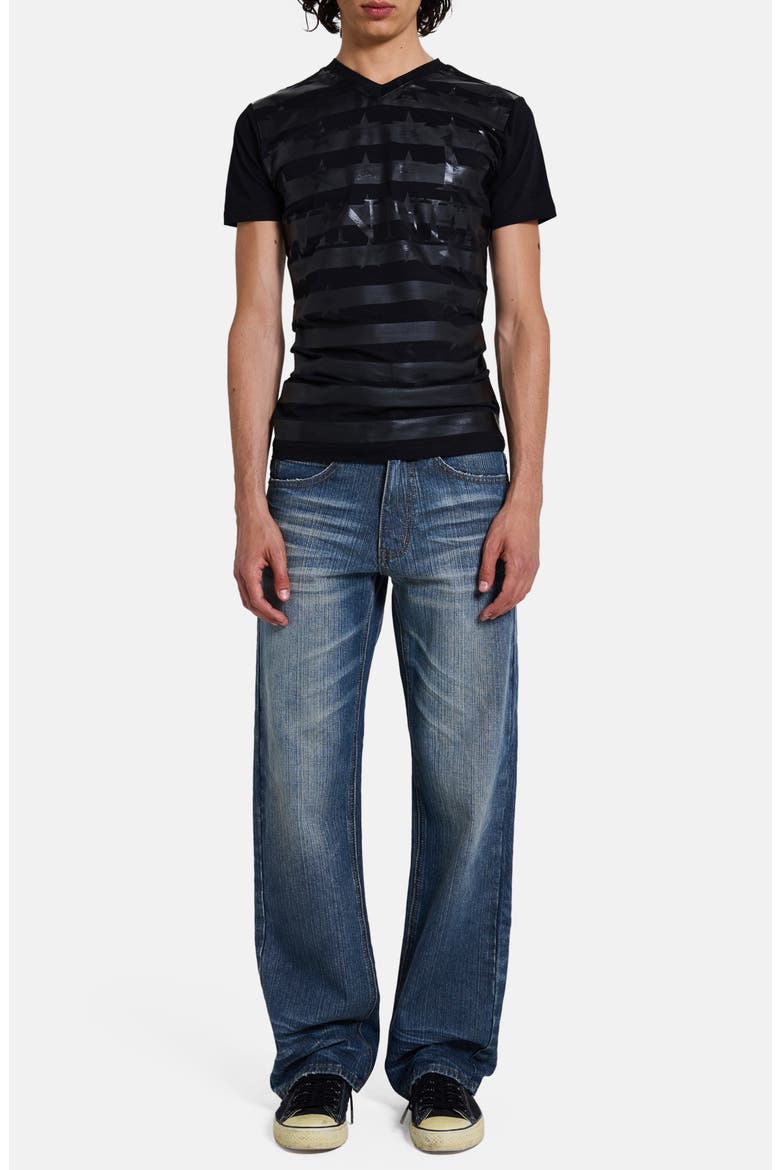 Distressed Straight Leg Jeans with Faux Leather Italy Flag Panel, Alternate, color, DENIM