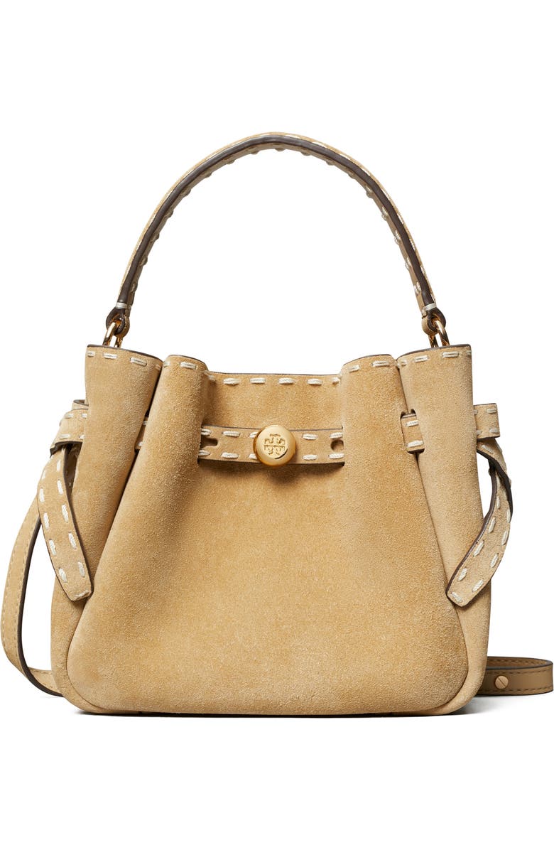 Tory Burch Mini Romy Suede Bucket Bag, Main, color, Butter