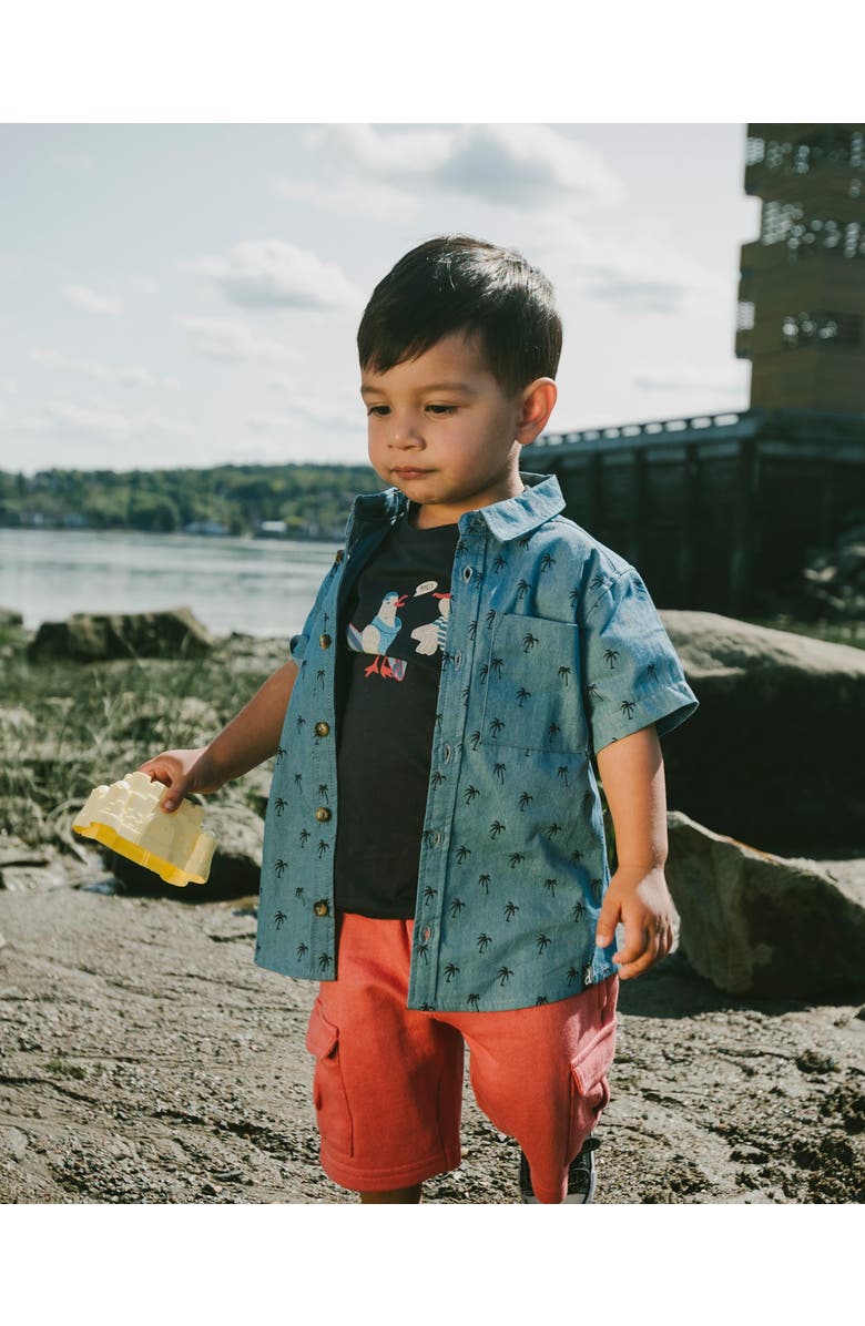 Deux par Deux Short Sleeve Palm Chambray Shirt, Alternate, color, Blue Chambray Palm Print