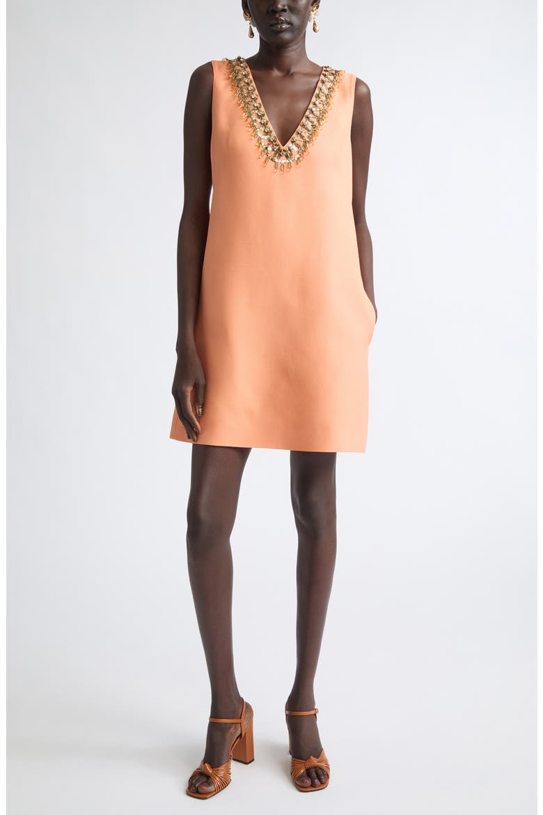 Embroidered Wool & Silk Crepe Couture Minidress, Main, color, ORANGE/ MULTI