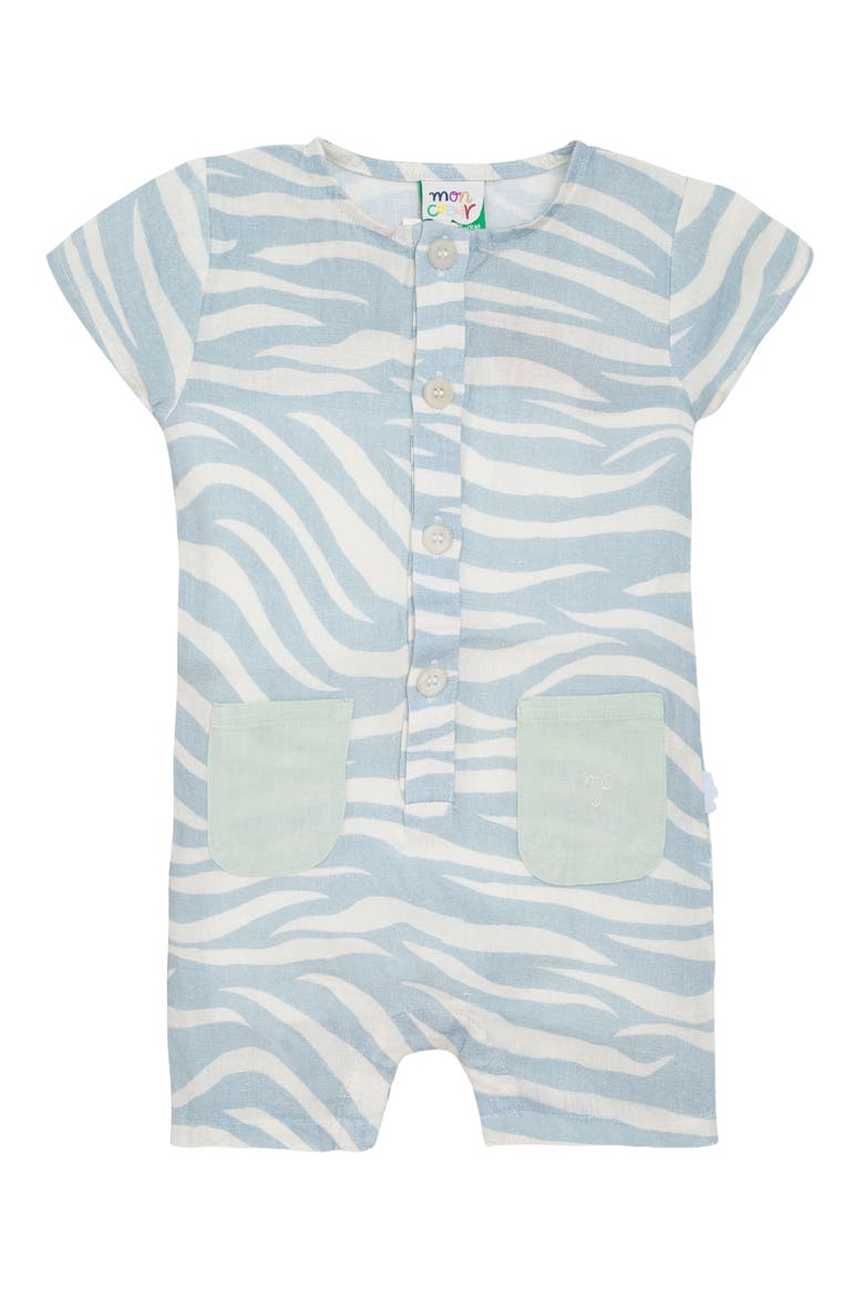 Zebra Print Linen Henley Romper, Main, color, NATURAL/ STERLING BLUE