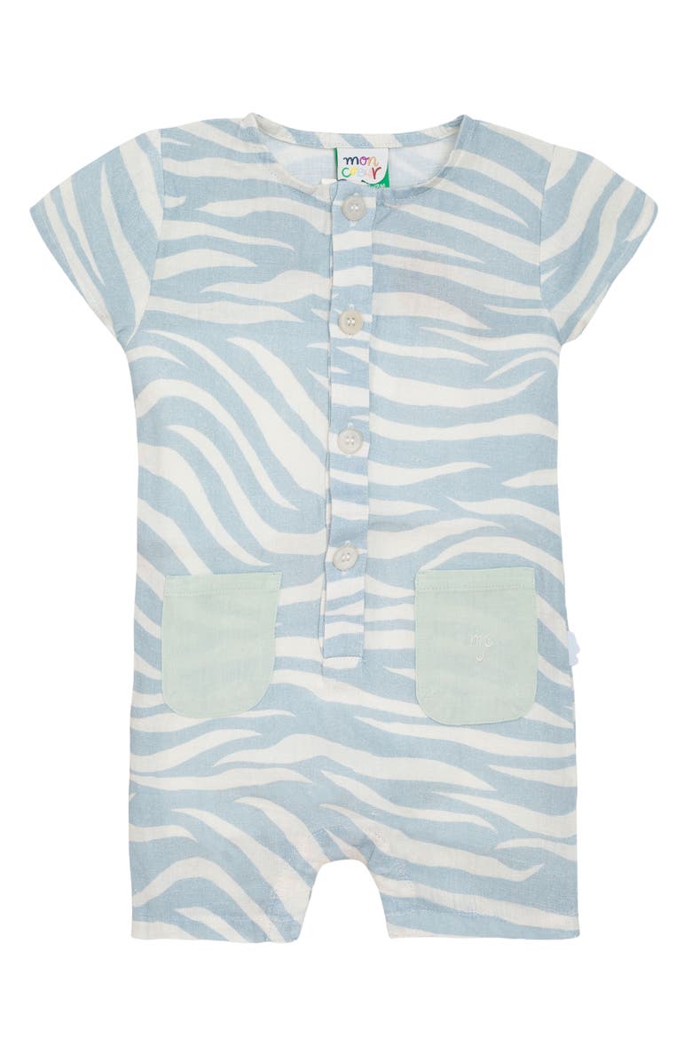 Mon Coeur Zebra Print Linen Henley Romper, Main, color, Natural/ Sterling Blue