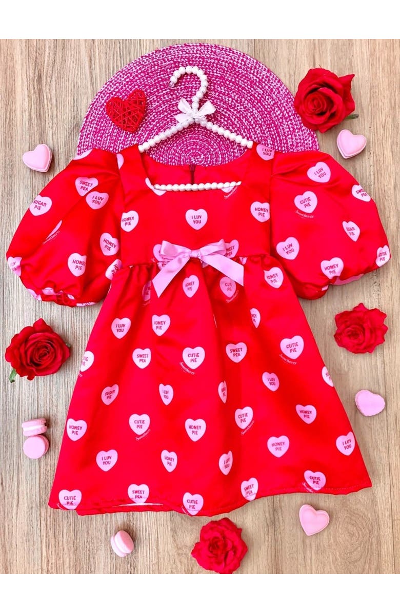 Mia Belle Girls Sweethearts Puff Sleeve Valentine's Day Dress, Alternate, color, Red