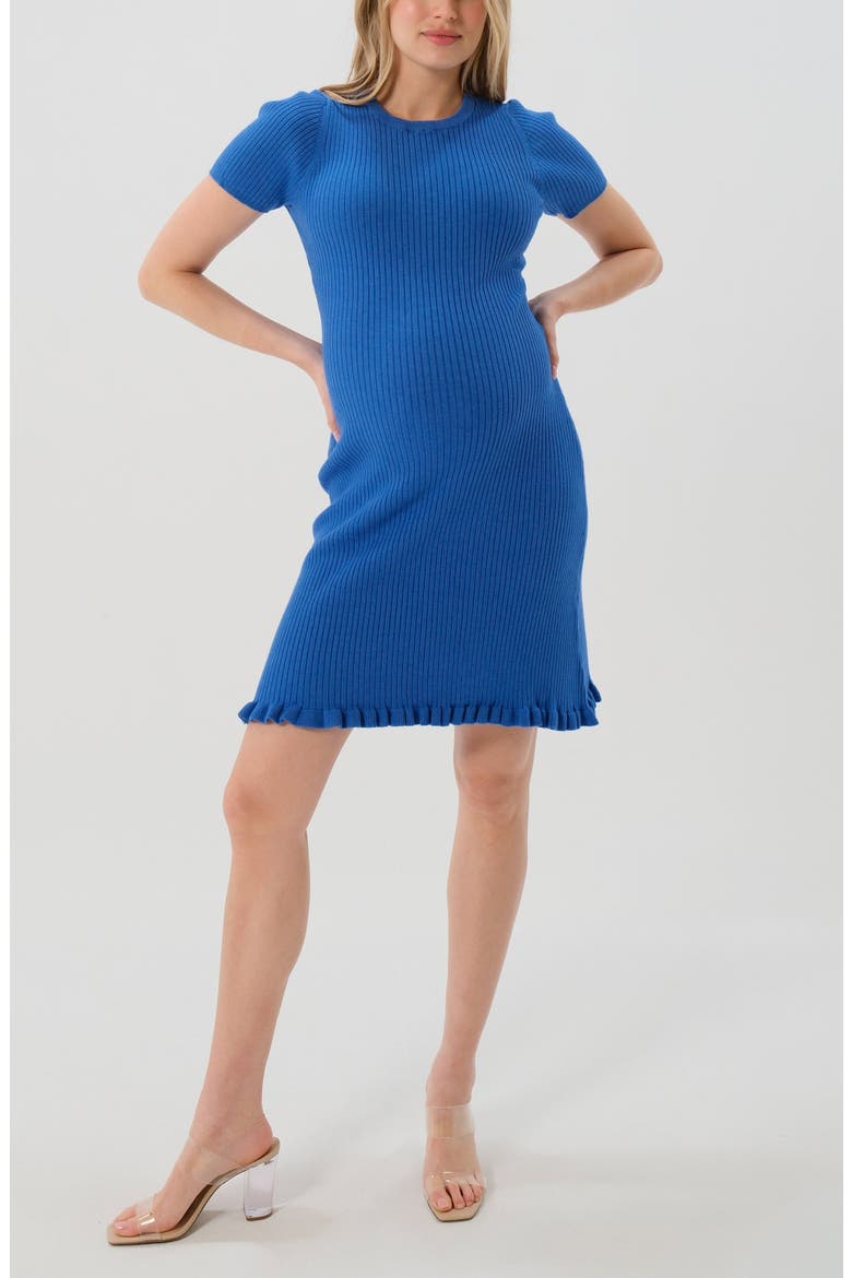 Women's Short Sleeve Knit Maternity Knee Length Sweater Dress with Hem Detail, Alternate, color, Blue