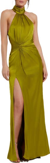 Open Back High Neck Side Ruched Gown