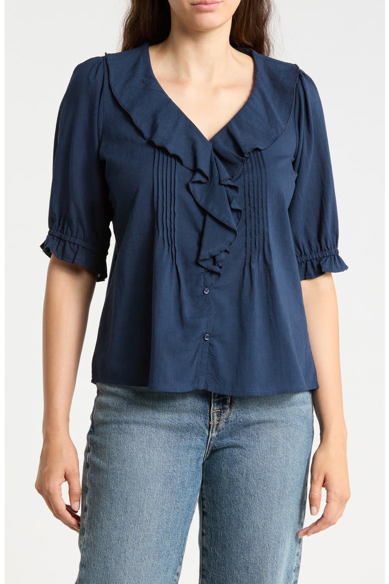 Romantic Ruffle Button-Up Shirt, Main, color, NAVY