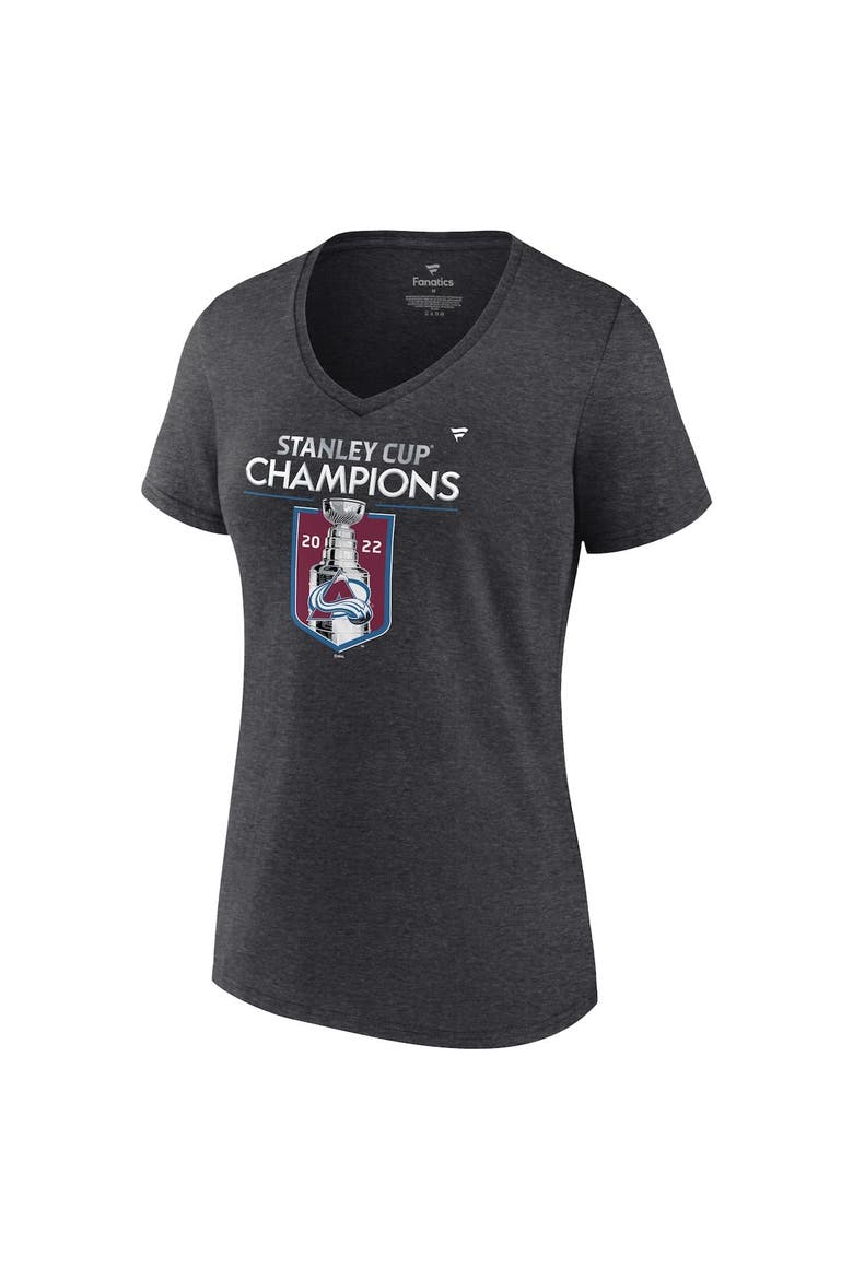 Women's Fanatics Branded Heathered Charcoal Colorado Avalanche 2022 Stanley Cup Champions Locker Room V-Neck T-Shirt, Alternate, color, Heather Charcoal