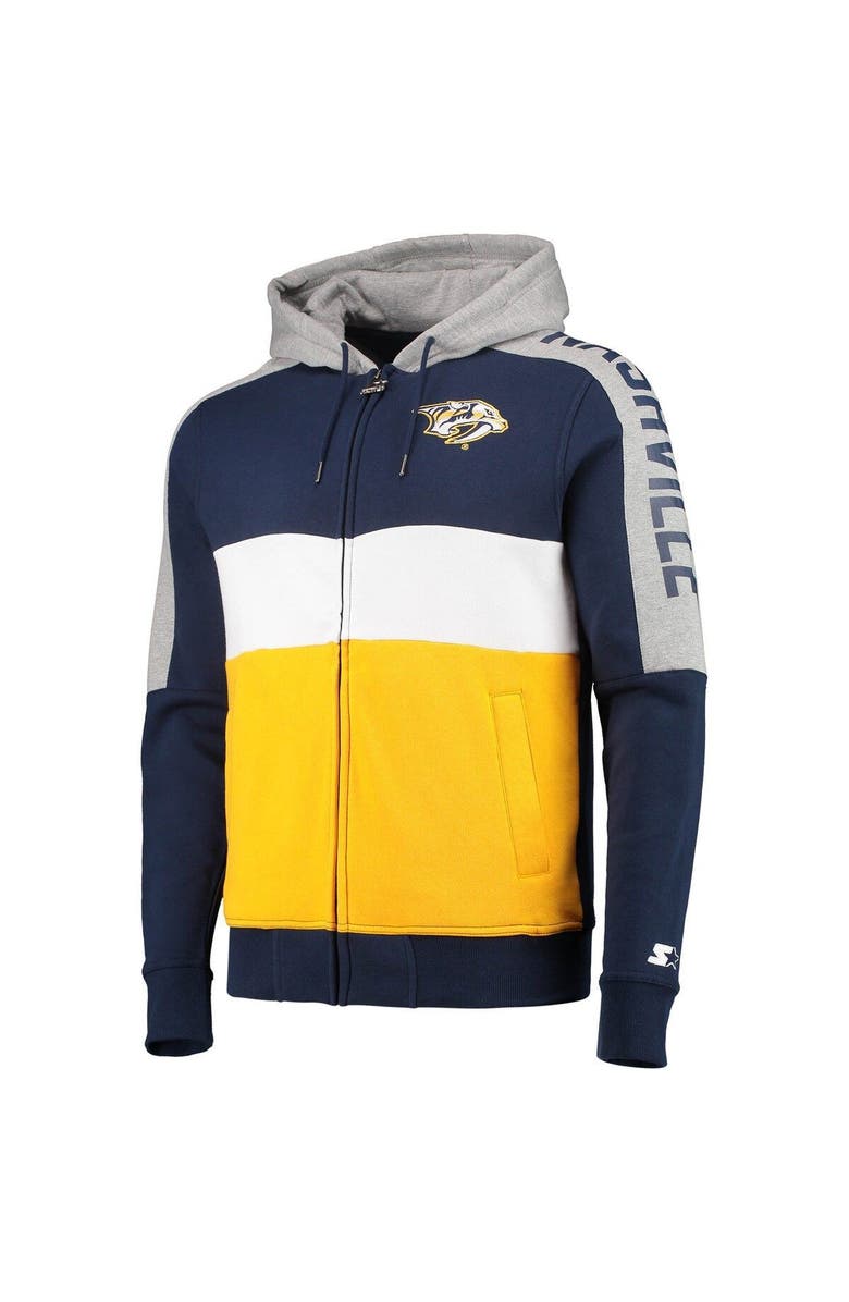 STARTER Men's Starter Navy/Gold Nashville Predators Playoffs Color Block Full-Zip Hoodie, Alternate, color, 