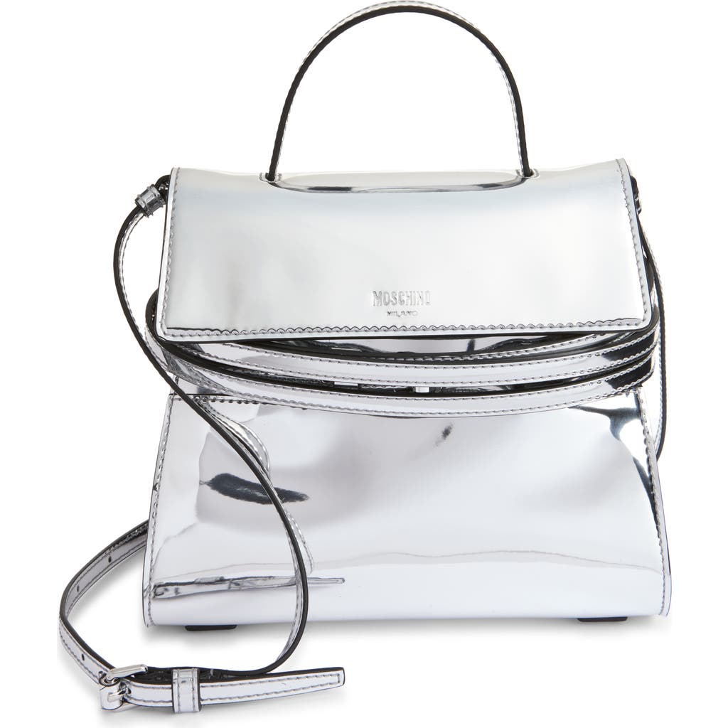Moschino Tie Me Metallic Leather Handheld Bag In Silver