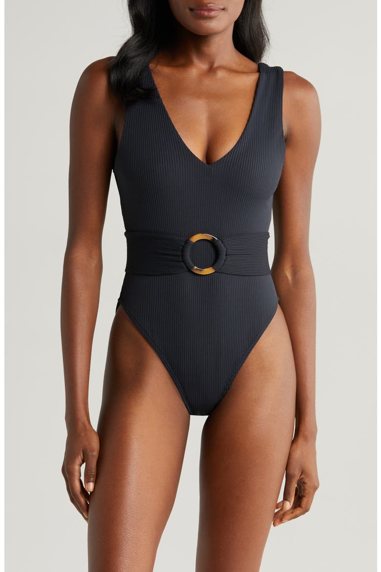 Kim Belted Rib One-Piece Swimsuit, Main, color, BLACK RIB