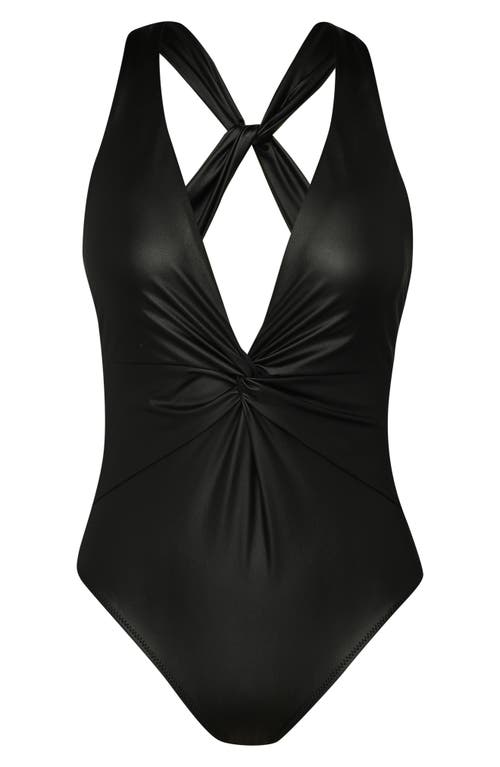 L Agence Luxe Leather Hadley Twist Plunge One-piece Swimsuit