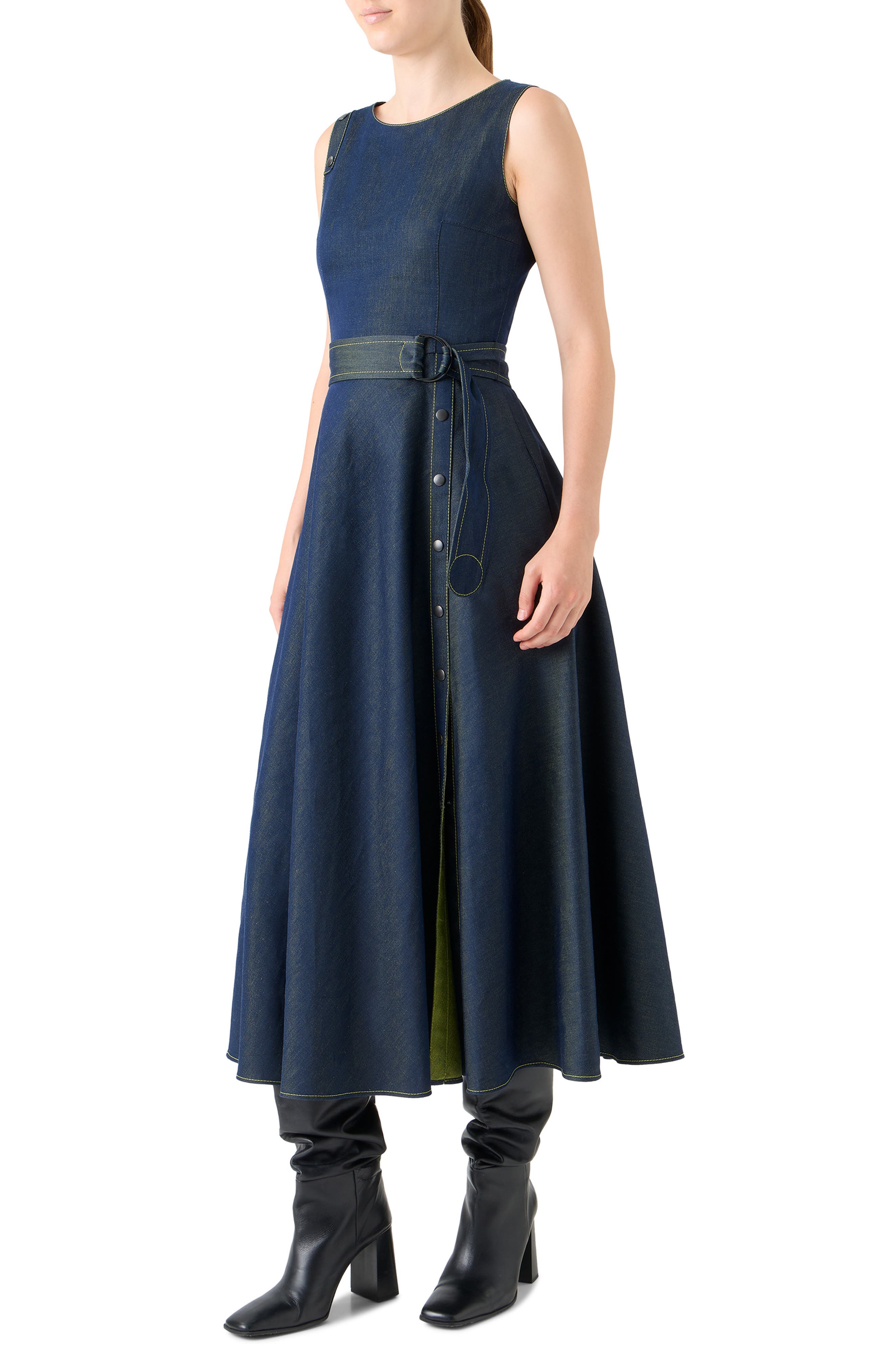 Akris punto Women's Denim Belted Sleeveless Midi-Dress - Medium Blue Denim Lemon