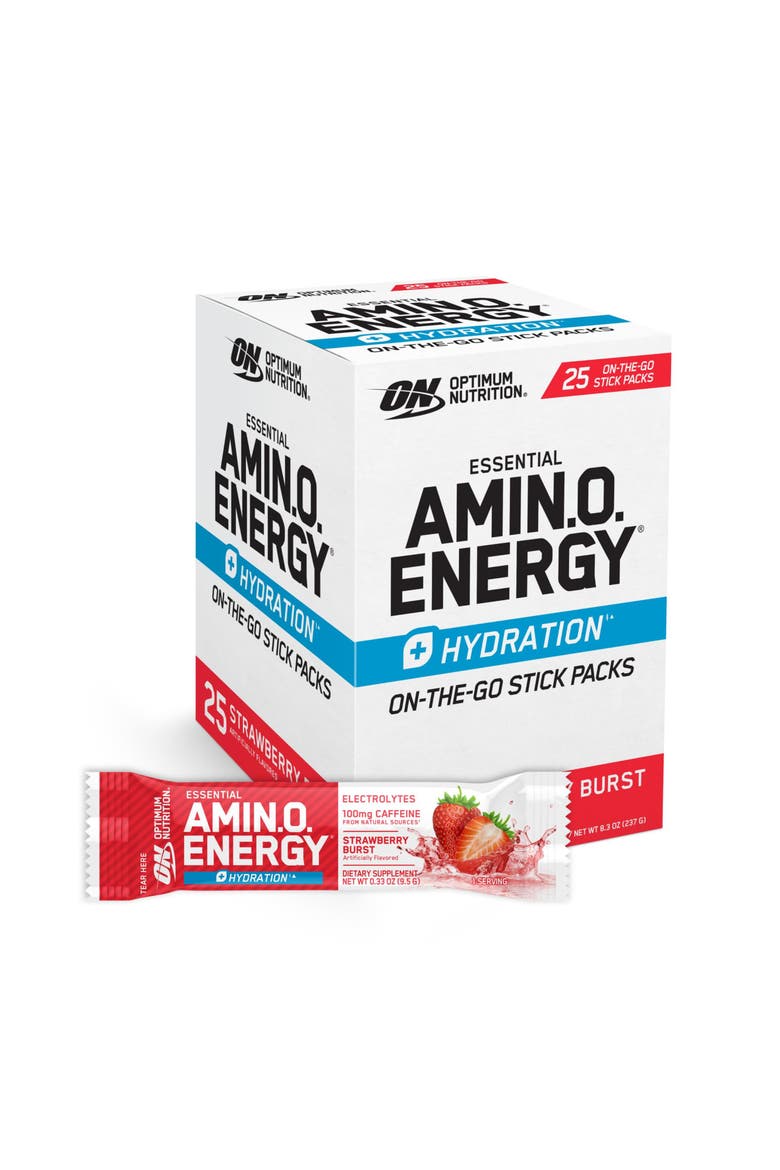 Amino Energy Plus Hydration Powder Stick Packs for Energy and Hydration Support, Strawberry Burst Flavor, 25 Count, Main, color, None