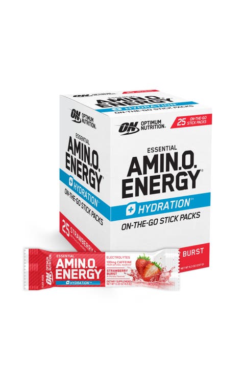 Amino Energy Plus Hydration Powder Stick Packs for Energy and Hydration Support, Strawberry Burst Flavor, 25 Count