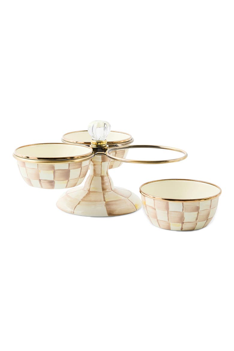 Mocha Check Enameled Steel Triplicity Bowls & Stand Set, Alternate, color, MOCHA