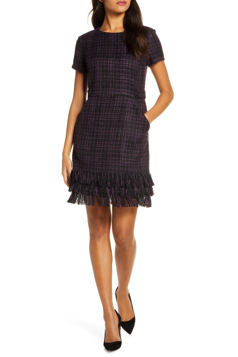 Tiered Fringe Bouclé Sheath Dress, Main, color, BLACK/ PURPLE