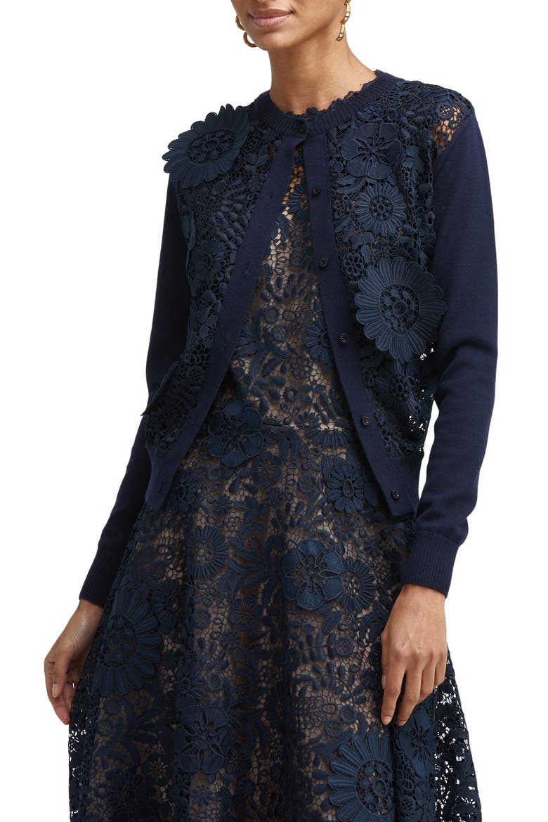 Lace Wool Cardigan, Main, color, NAVY