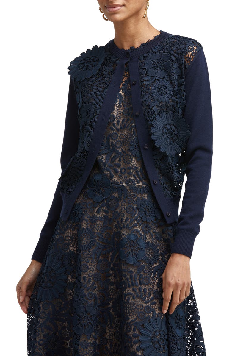 Oscar de la Renta Lace Wool Cardigan, Main, color, 