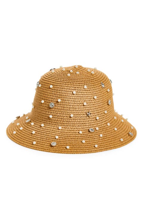 Kids' Faux Pearl Embellished Straw Floppy Hat (Big Kid)