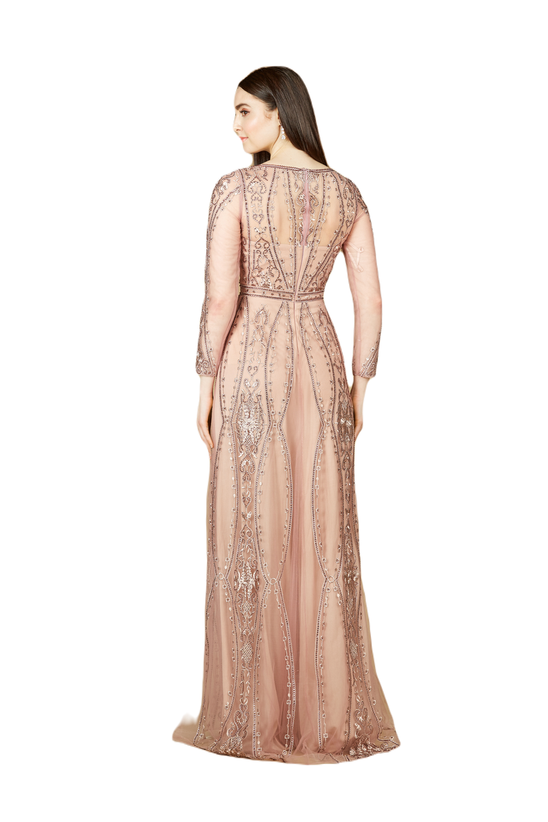Long Illusion Sleeves, A-line Long Gown, Alternate, color, Mauve