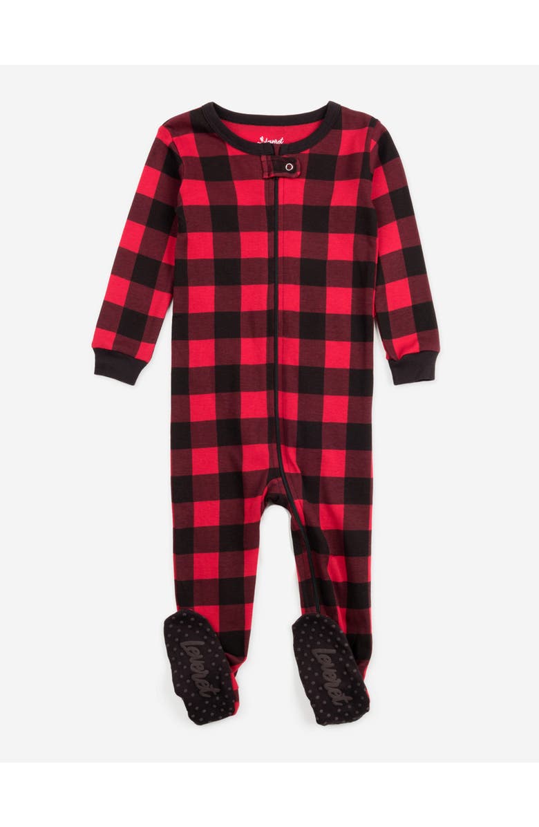 Leveret Kids Footed Plaid Cotton Matching Family Holiday Pajamas, Main, color, Plaid Black & Red