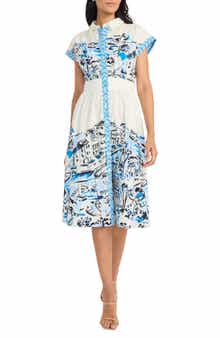 Maggy London City Scene Print Stretch Cotton Midi Shirtdress