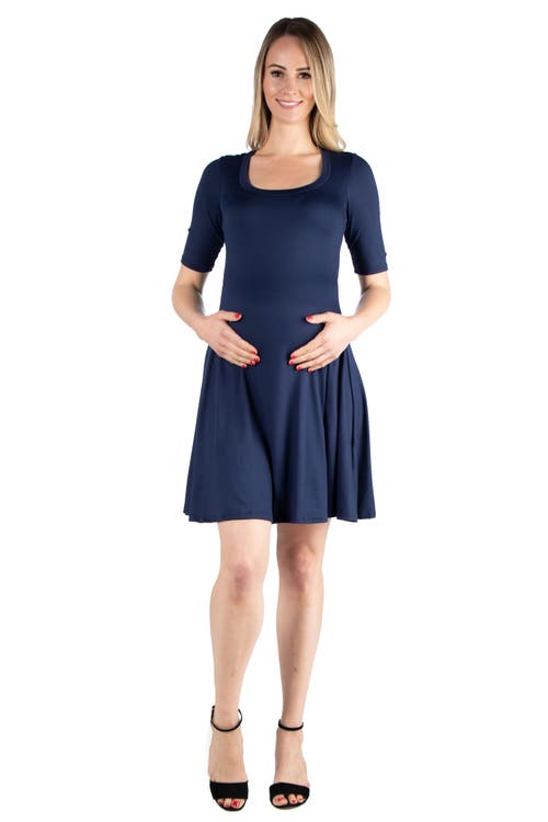 24seven Comfort Apparel Maternity Knee Length A-line Elbow Sleeve Dress In Blue