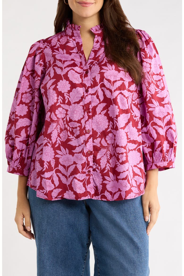 Yunice Floral Puff Sleeve Cotton Button-Up Top, Main, color, BURGUNDY-PINK