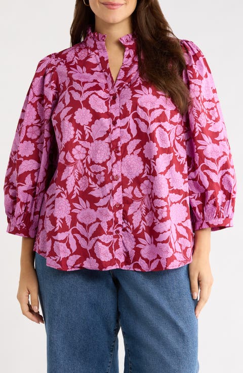 Yunice Floral Puff Sleeve Cotton Button-Up Top
