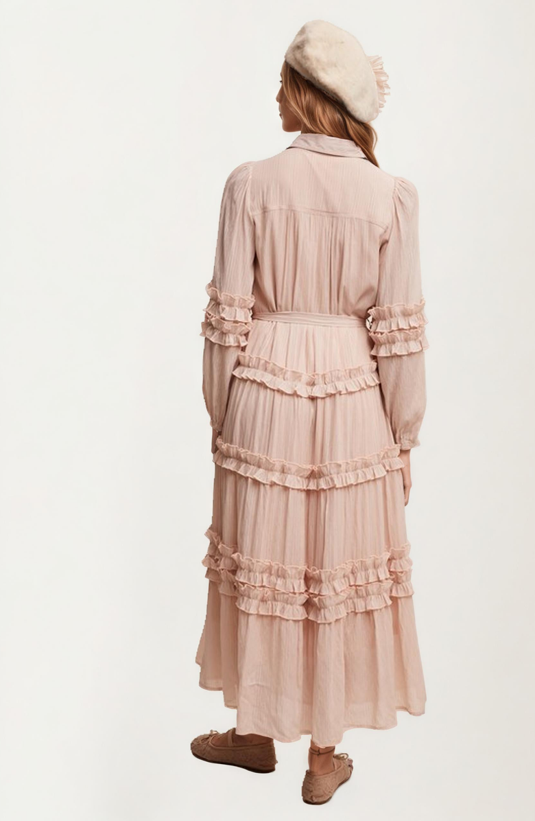 Knit and Lounge Ruffle Tiered Maxi Shirt Dress, Alternate, color, Blush