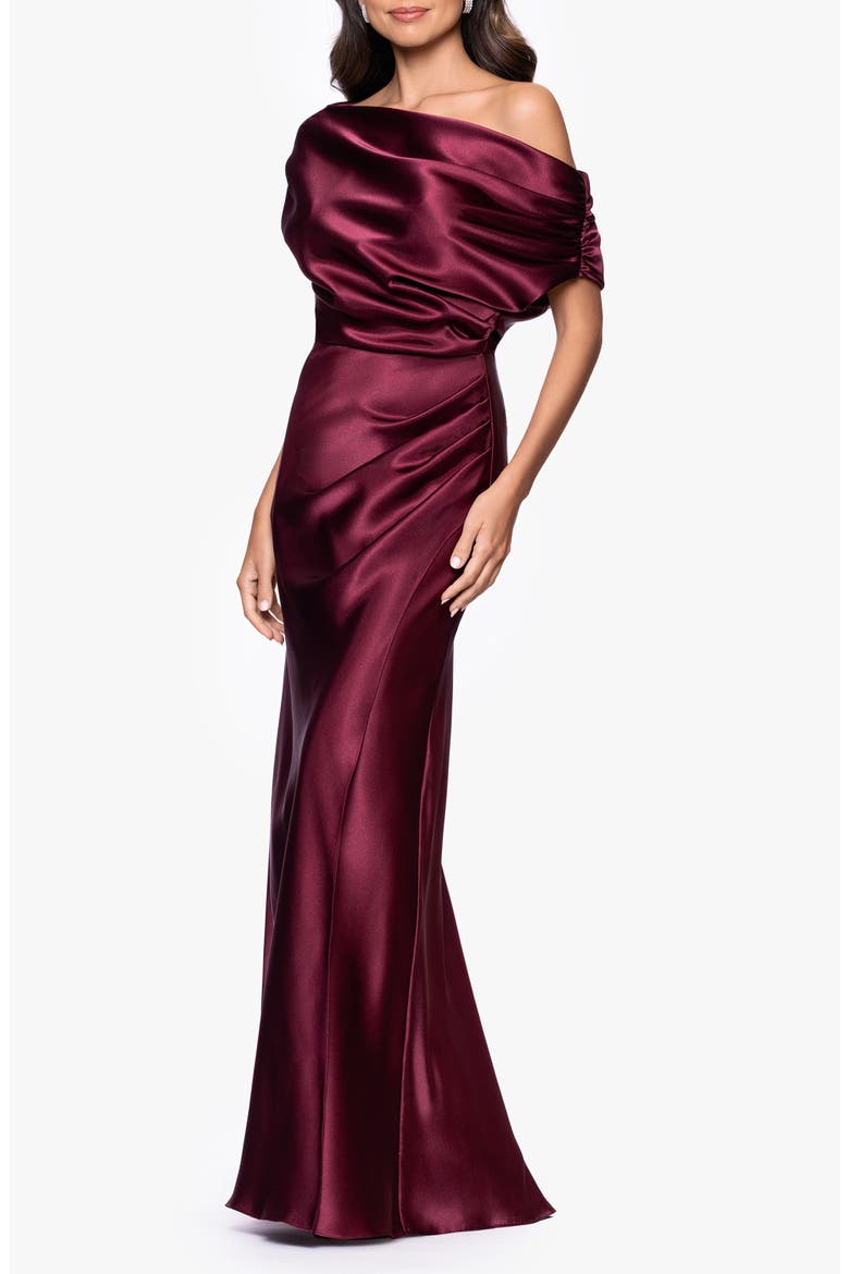 One-Shoulder Satin Sheath Gown, Alternate, color, BURGUNDY
