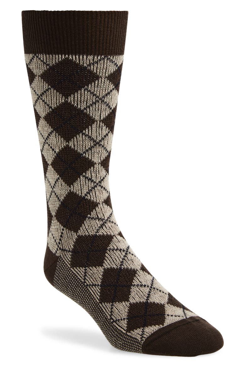 Argyle Jacquard Mid Calf Socks, Main, color, BROWN