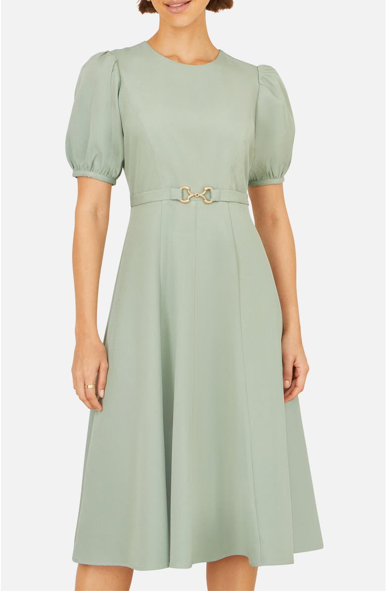 Yumi Buckle Detail Short Sleeve Skater Dress, Alternate, color, Mint Green