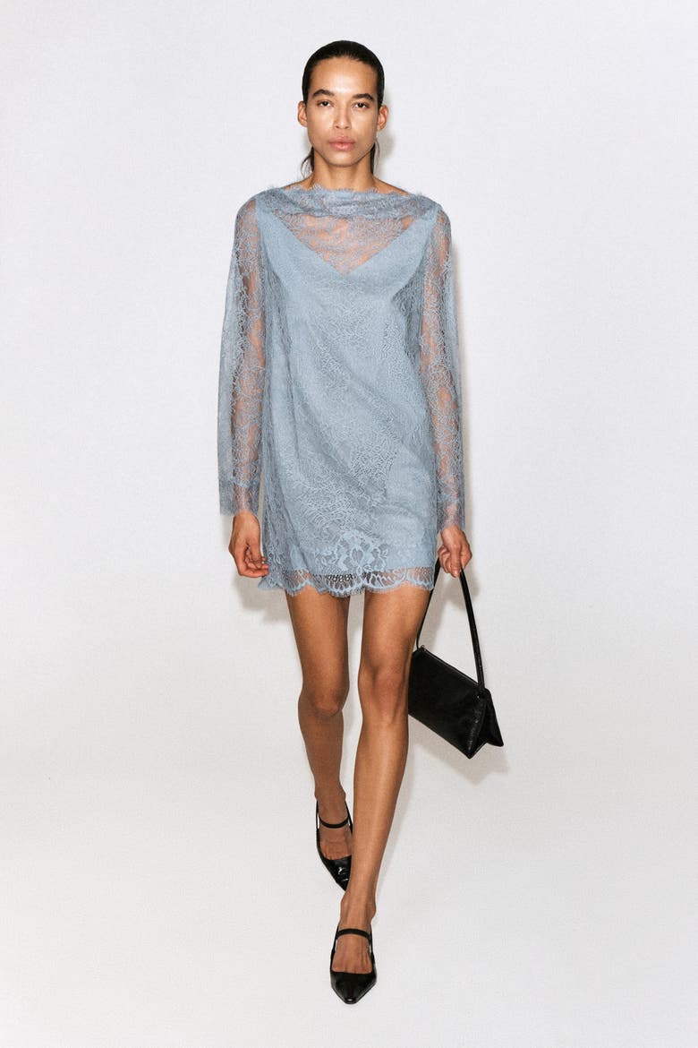 Boat-Neck Lace Mini Dress, Main, color, LIGHT BLUE